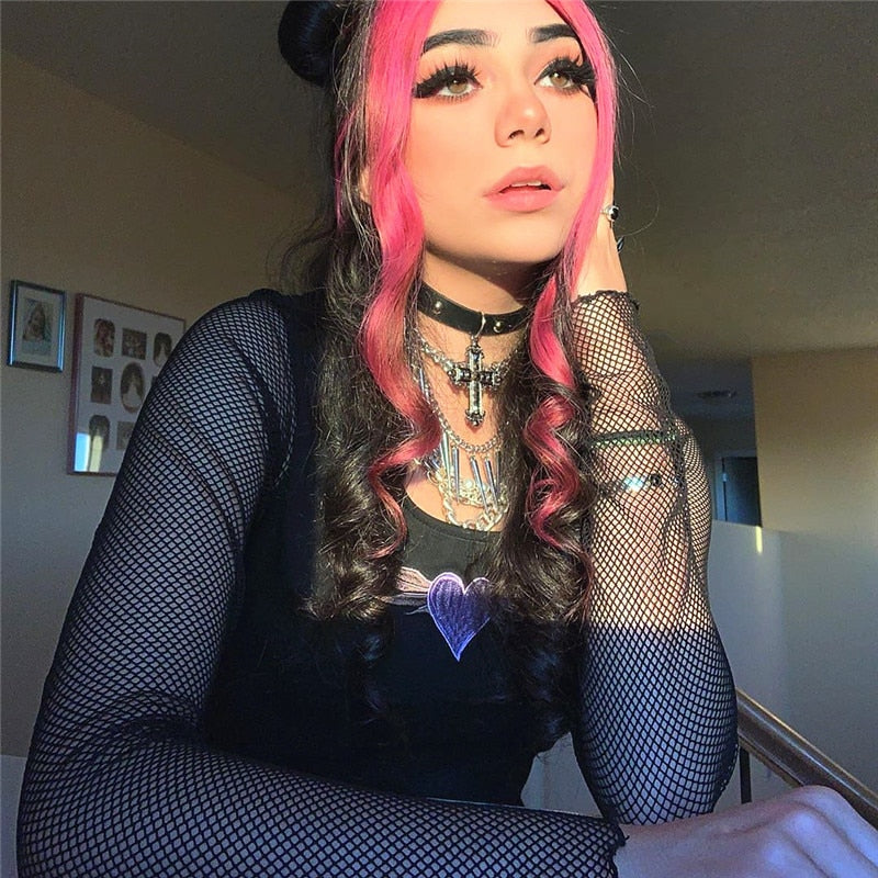 Heart Fishnet Long Sleeve Crop Top